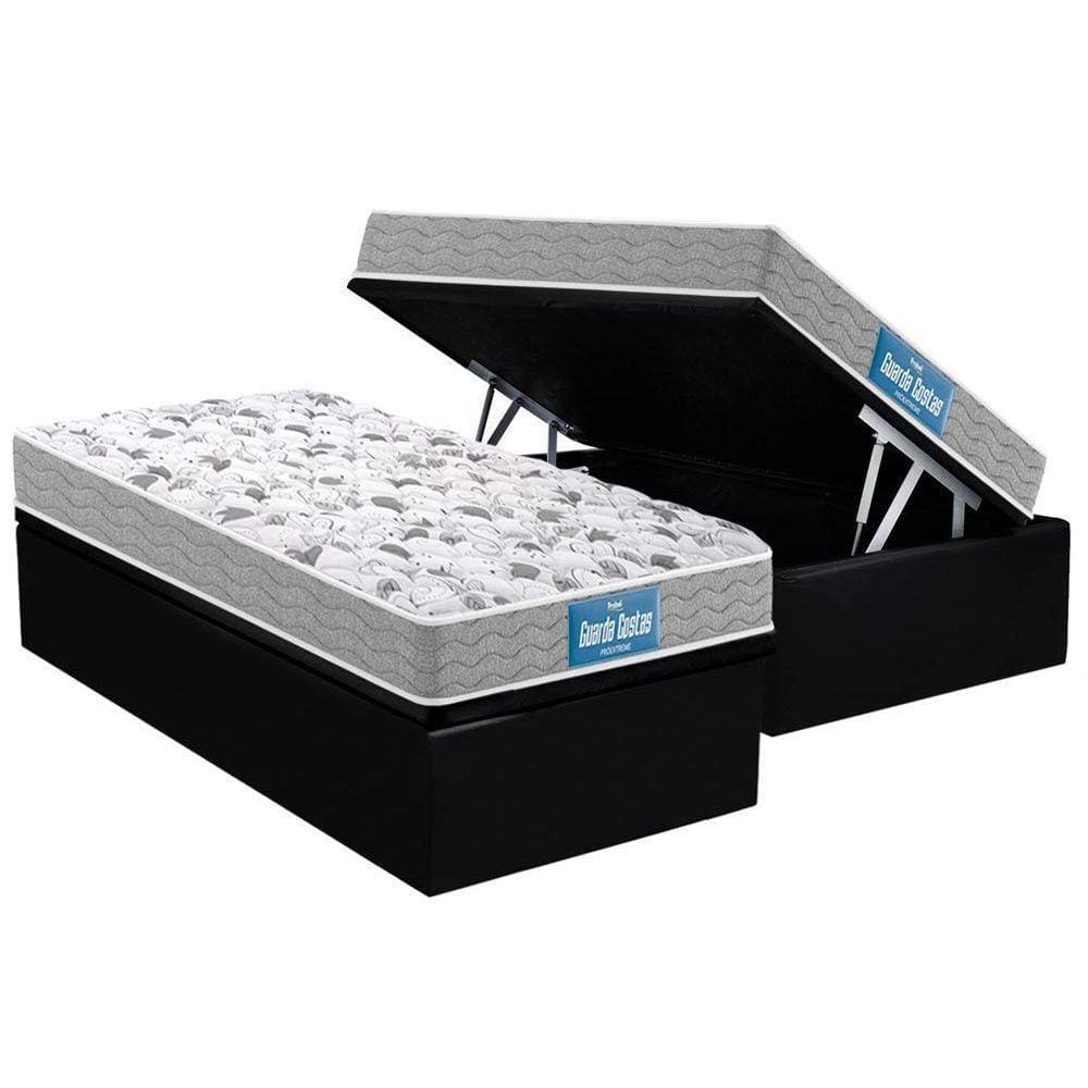 Cama Box Baú Solteiro: Colchão Espuma Probel D45 / EP Guarda Costas PróExtreme Plus Double Face + Base CRC Suede Black(88x188)