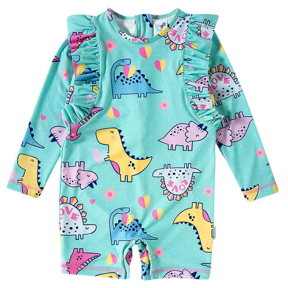 Macaquinho Praia Infantil Proteção UV Dino Love Verde Água Tip Top