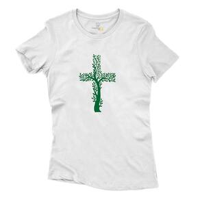 Camiseta Casual Feminina Algodao Arvore Cruz Manga Curta Design Moderno Tendencia