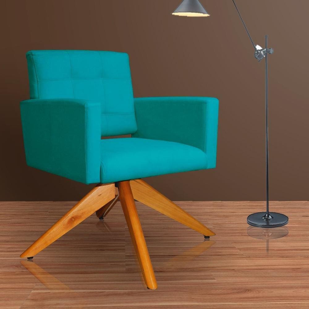 Poltrona Estofada Base Giratoria Madeira Camila Suede Azul Turquesa - LM DECOR