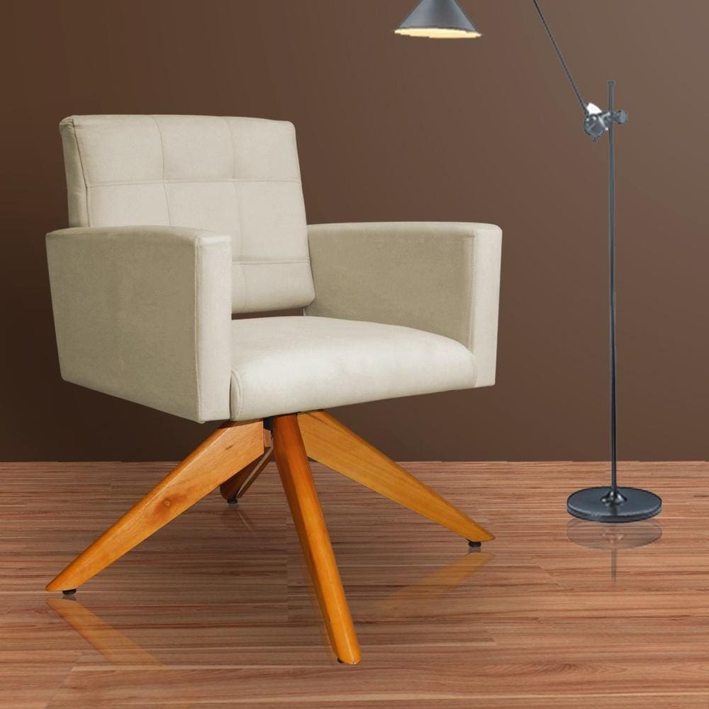 Poltrona Estofada Base Giratoria Madeira Camila Suede Bege - LM DECOR