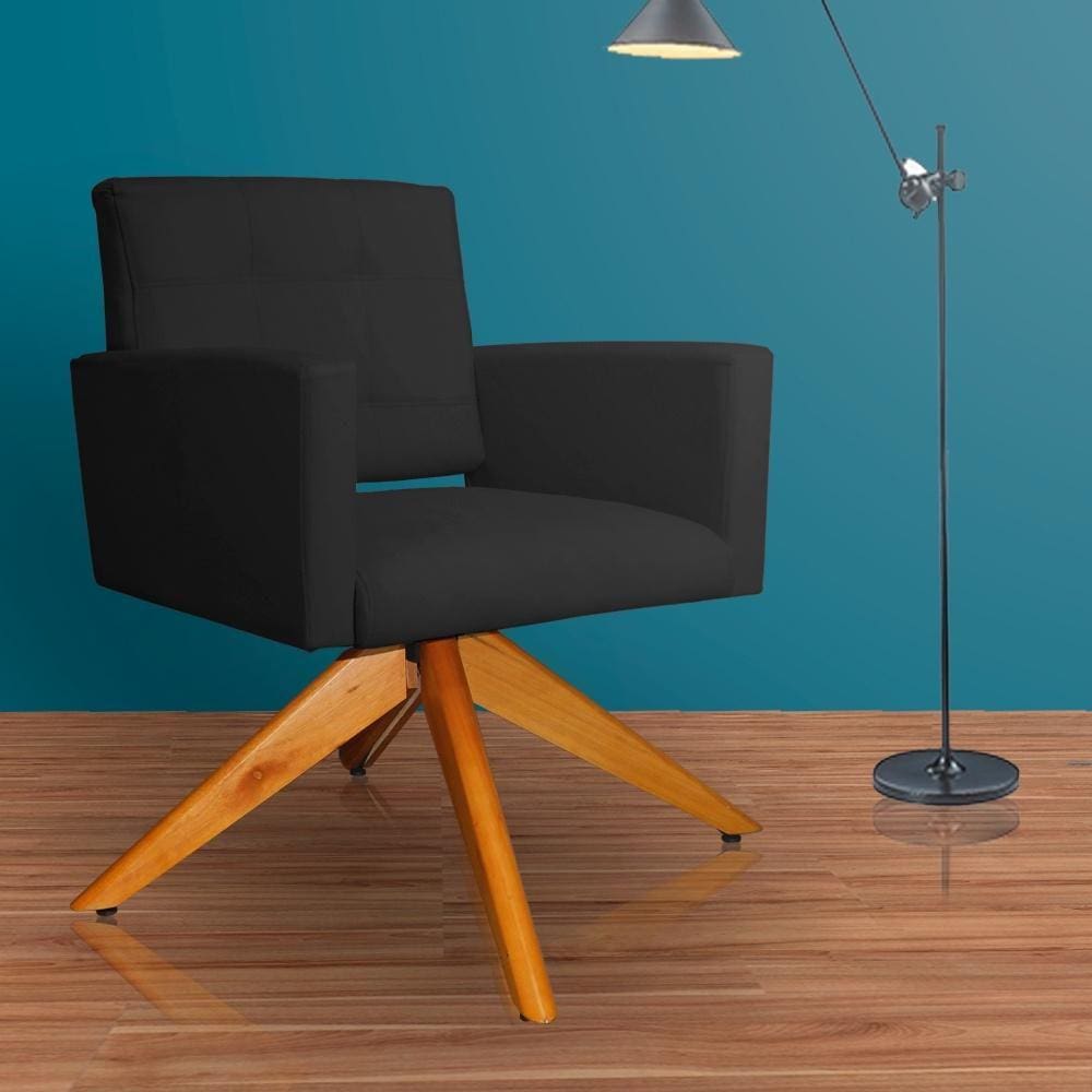 Poltrona Estofada Base Giratoria Madeira Camila Suede Preto - LM DECOR