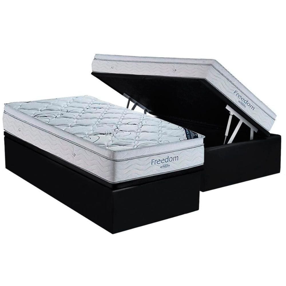 Cama Box Baú Solteiro: Colchão Molas Ortobom SuperPocket Freedom + Base CRC Suede Black(88x188)