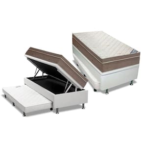 Cama Box Baú c/Auxiliar Solteiro: Colchão Molas Ortobom SuperPocket Light + Base CRC Courano Branco(88x188)