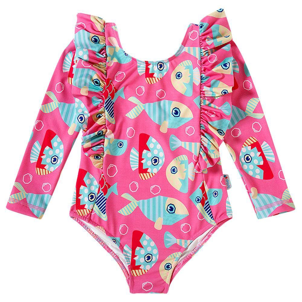 Maiô Manga Longa Infantil Peixes Rosa Tip Top
