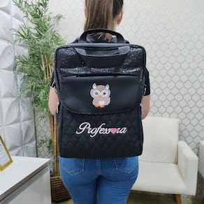 Bolsa/Mochila Personalizada para Professora Corujinha Preto/Brilho Preto - Coutre Bolsas