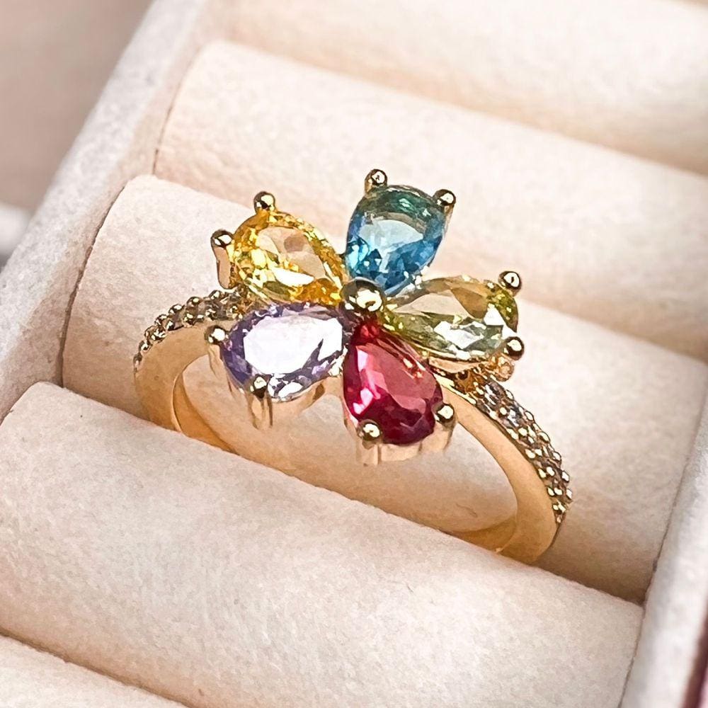 Anel Flor Colorida com Zircônias Banhado a Ouro