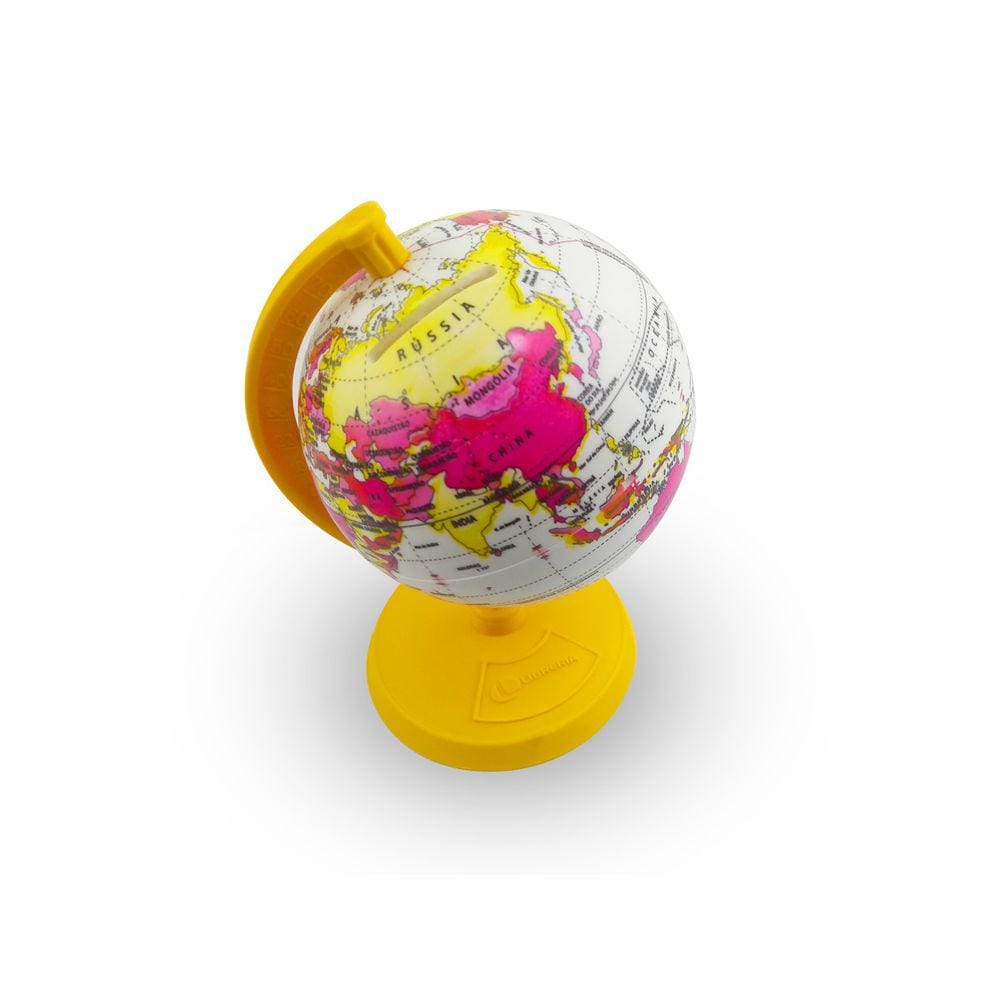 Globo Terrestre 16 cm Baby Millenium Amarelo Cofrinho Base e Haste em Poliestireno Mapa Mundi