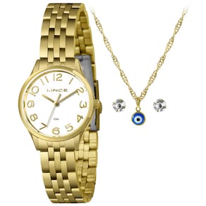 Relogio Lince Pequeno Numeros Dourado + Kit Semi Joia Lrgh196l30