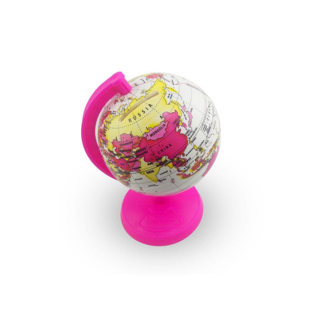 Globo Terrestre 16cm cofrinho Baby Millenium Rosa Base e Haste Poliestireno Facilmente Desmontável
