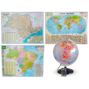 Kit Globo Terrestre Prisma RGB 30cm + Mapa do Estado de SP + Mapa do Brasil + Mapa Mundi Edição Atualizada