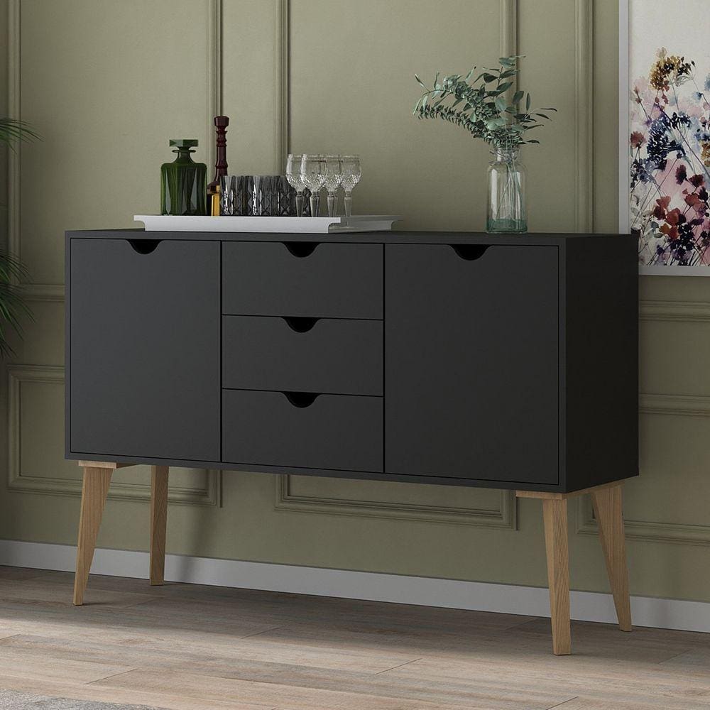Buffet Aparador 2 Portas 3 Gavetas 120cm Retalho Falkk Preto