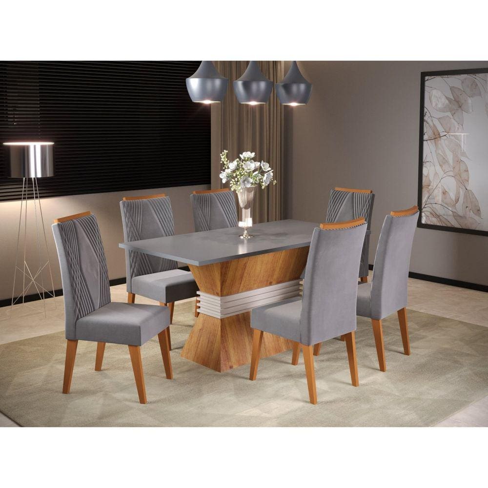 Mesa de Jantar Retangular Empatic com 6 Cadeiras Vegas Mel/Cinza Brilho/Grafite