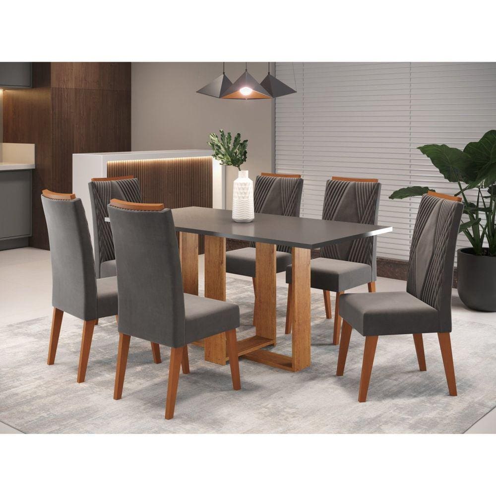 Mesa de Jantar Retangular Kavic com 6 Cadeiras Vegas Mel/Cinza Brilho/Grafite