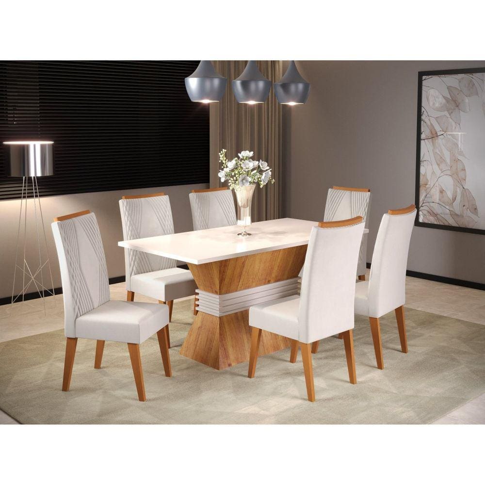 Mesa de Jantar Retangular Empatic com 6 Cadeiras Vegas Mel/Blonde/Marfim