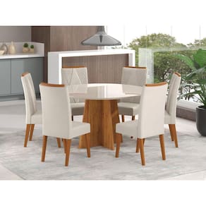 Mesa de Jantar Redonda Vitara com 6 Cadeiras Vegas Mel/Marfim/Off White
