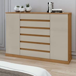 Cômoda 2 Portas 7 Gavetas 3 Prateleiras Vedra Amêndoa Clean/Off White