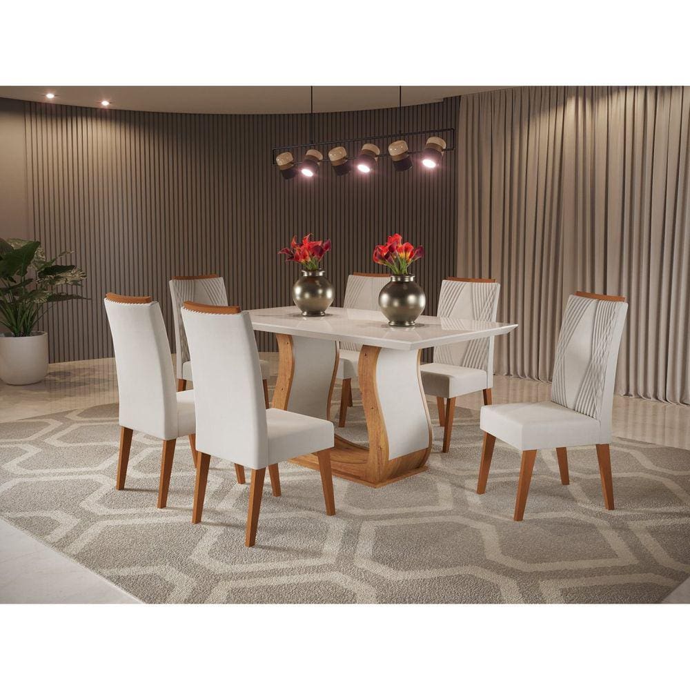 Mesa de Jantar Retangular Wanda com 6 Cadeiras Vegas Mel/Marfim/Off White