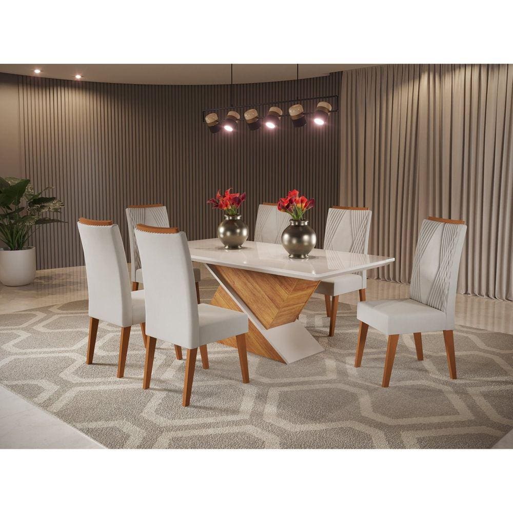 Mesa de Jantar Retangular Encantare com 6 Cadeiras Vegas Mel/Marfim/Off White