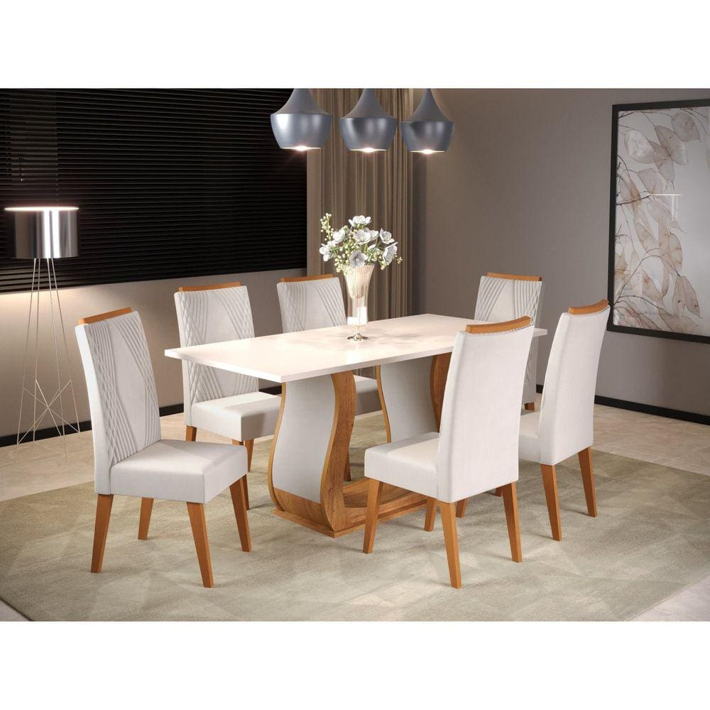 Mesa de Jantar Retangular Vitalic com 6 Cadeiras Vegas Mel/Blonde/Marfim