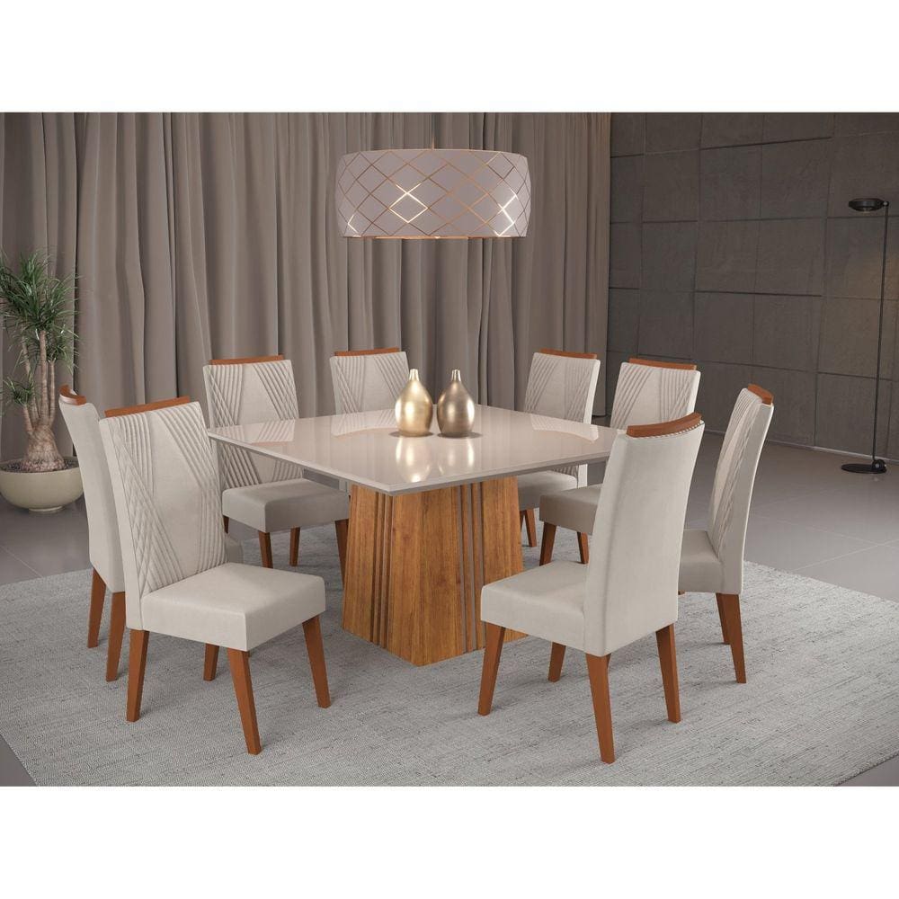 Mesa de Jantar Quadrada Monza com 8 Cadeiras Mel/Marfim/Off White