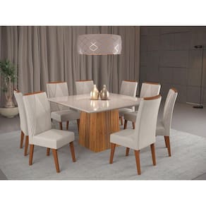 Mesa de Jantar Quadrada Monza com 8 Cadeiras Mel/Marfim/Off White
