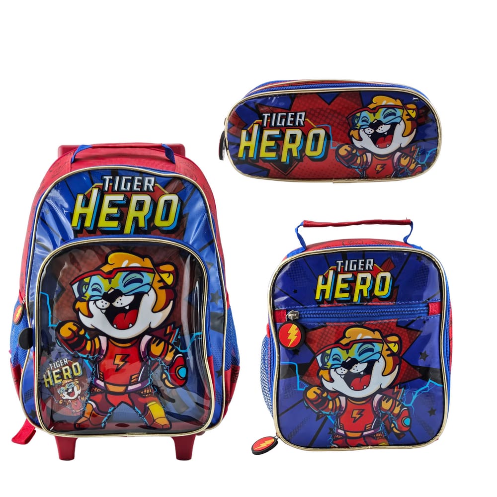 Kit Mochila de Rodinhas Escolas com Lancheira e Estojo Tiger Hero