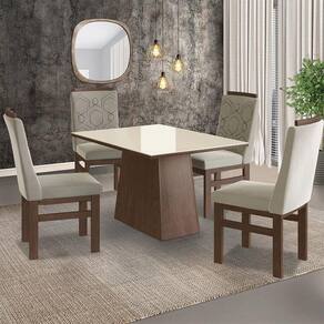 Conjunto Sala de Jantar Mesa 90x120cm Tampo Vidro com 4 Cadeiras Madeira Maciça Tecido Joli Zamarchi Canela/Off White