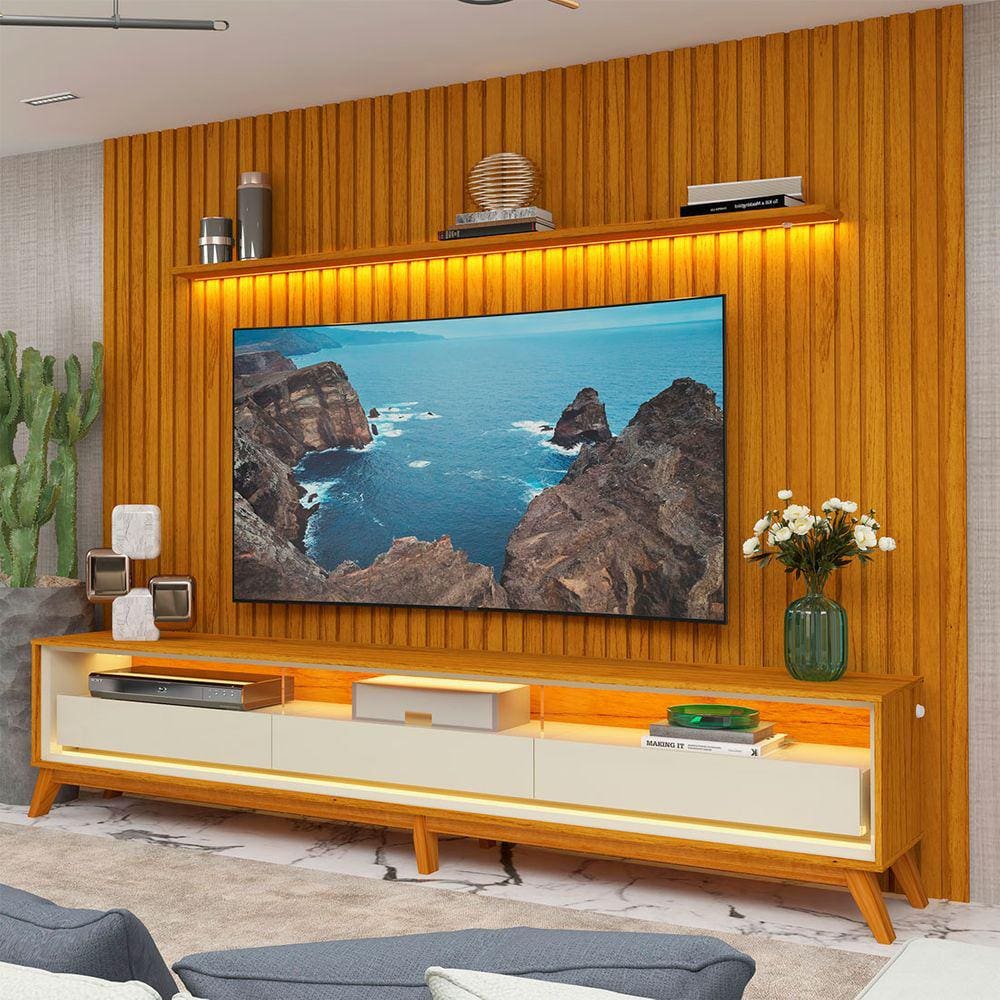 Rack Com Painel Ripado Para TV Até 85 Led Nobre 275 Com Pés Naturale - Gelius