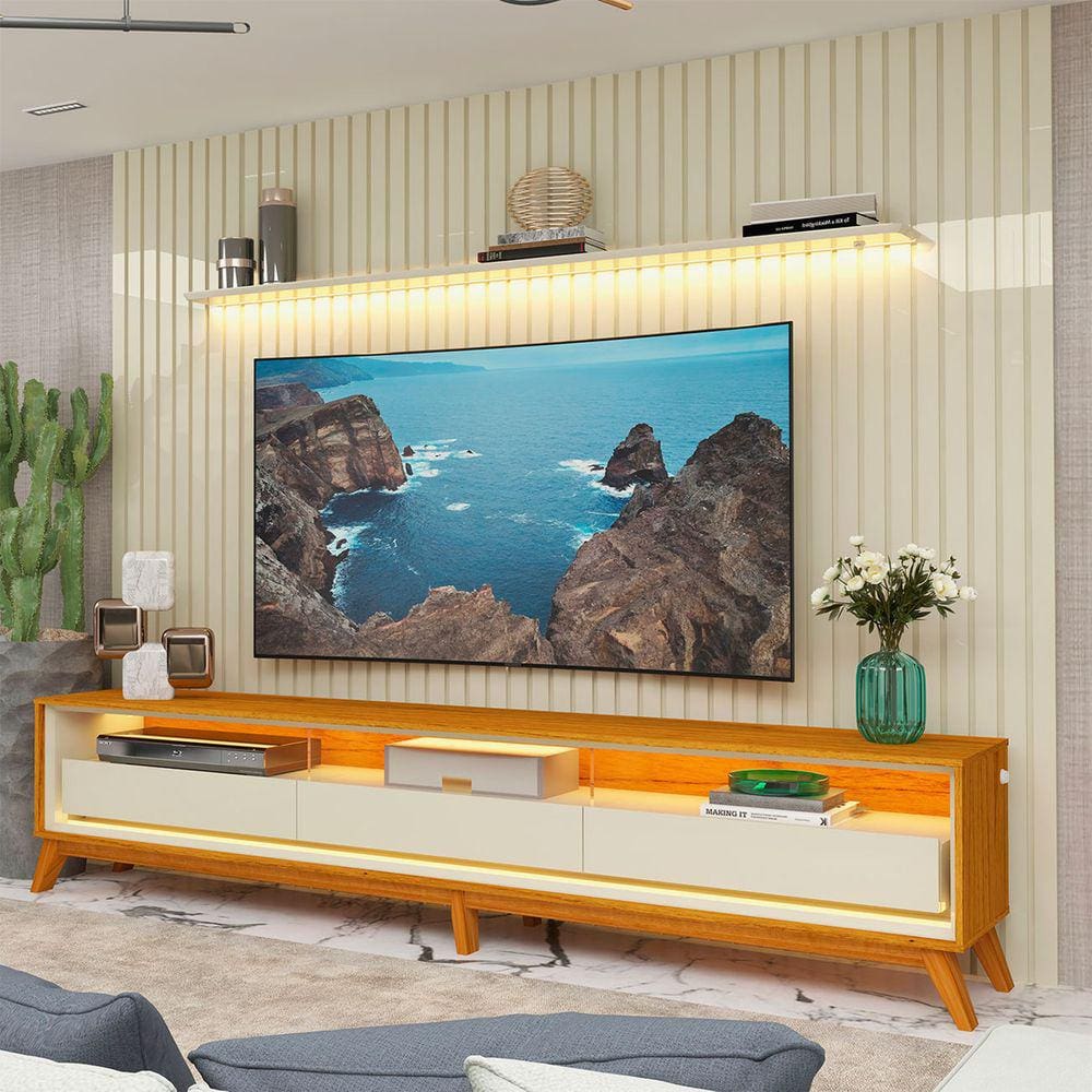 Rack Com Painel Ripado Para TV Até 85 Led Nobre 275 Com Pés Off White - Gelius