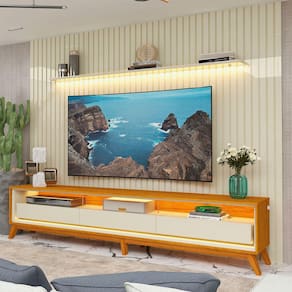 Rack Com Painel Ripado Para TV Até 85 Led Nobre 275 Com Pés Off White  - Gelius