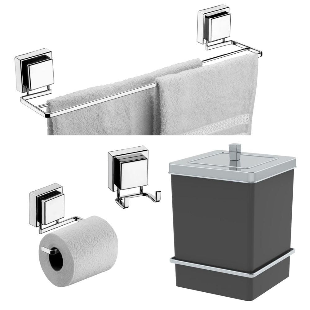 Kit Porta Papel Higiênico Toalheiro 45cm Gancho Lixeira 6,5L Com Suporte Ventosa Preto Cromado - Future