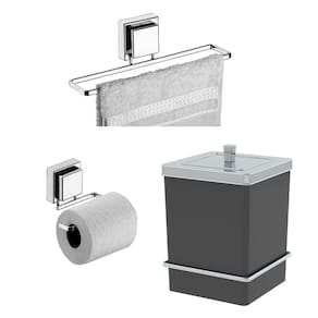 Kit Porta Papel Higiênico Toalheiro 25cm Lixeira 6,5L Com Suporte Ventosa Preto Cromado - Future