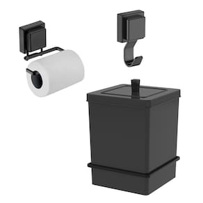 Kit Lixeira 6,5L Quadrada Com Suporte Porta Papel Higiênico Gancho Ventosa Preto Fosco - Future