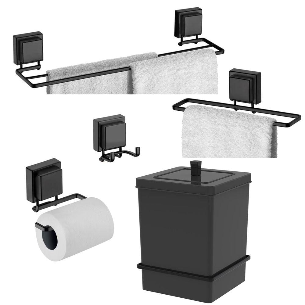 Kit Lixeira 6,5L Quadrada Com Suporte Toalheiro Porta Papel Higiênico Gancho Duplo Ventosa Preto Fosco - Future