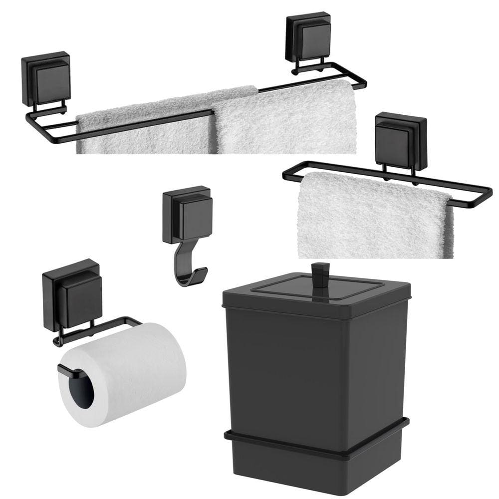 Kit Lixeira 6,5L Quadrada Com Suporte Toalheiro Porta Papel Higiênico Gancho Ventosa Preto Fosco - Future