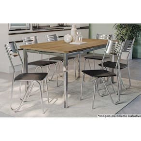 Sala de Jantar Completa Reno c/ Tampo de Madeira 160cm + 6 Cadeiras Nápoles Cromada - Assento Preto 110 - Kappesberg