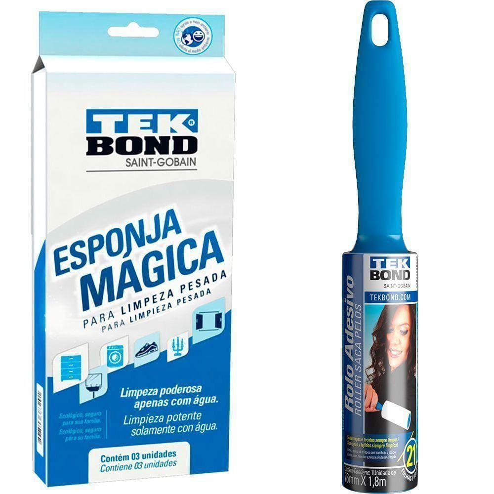 Kit Limpeza Tekbond Esponja Magica E Rolo Adesivo Tira Pelos