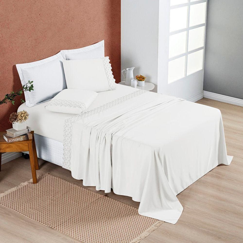 Jogo Cama Solteiro Cherry Bordado Inglês 3 Pçs Offwh