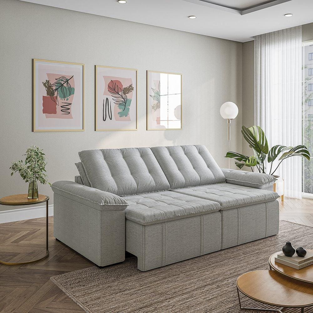 Sofá Cama Retrátil e Reclinável 3 Lugares 260cm em Linho com Molas Palmeira Cabecasa Madeiramadeira Prata