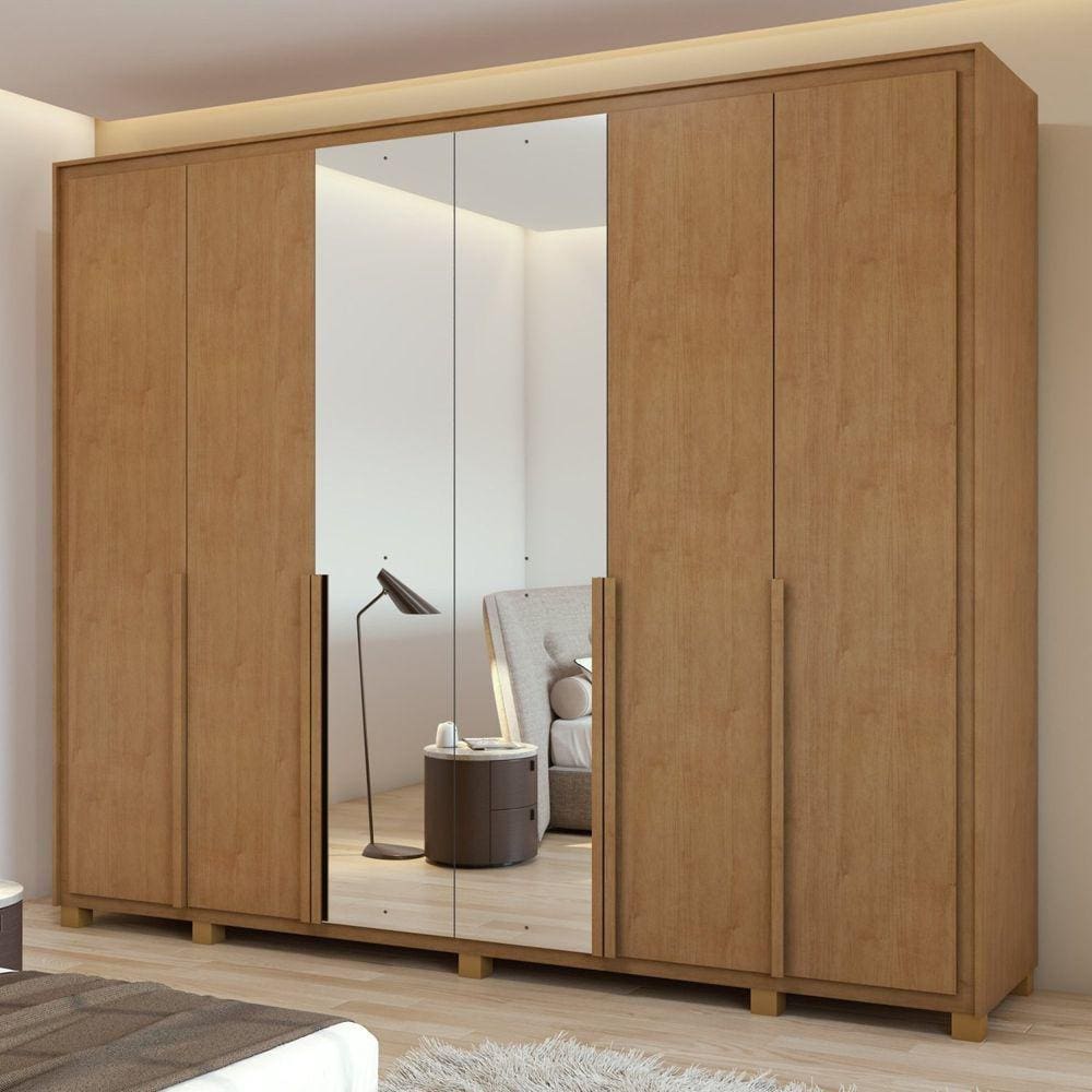 Guarda-roupa 6 Portas 6 Gavetas 100% Mdf Imperatore com Espelho e com Pés Amêndoa Clean