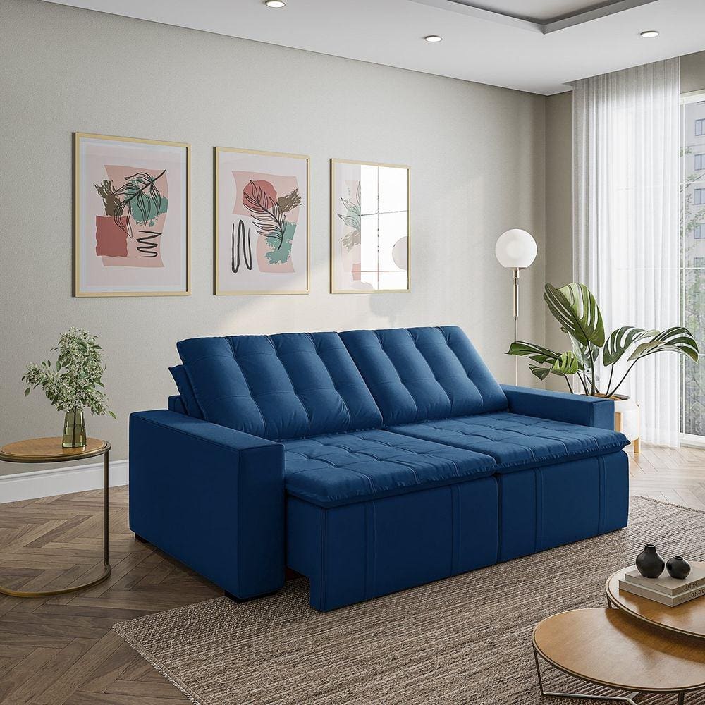 Sofá Cama Retrátil e Reclinável 3 Lugares 260cm em Veludo com Molas e Braço Reto Palmeira Cabecasa M Azul