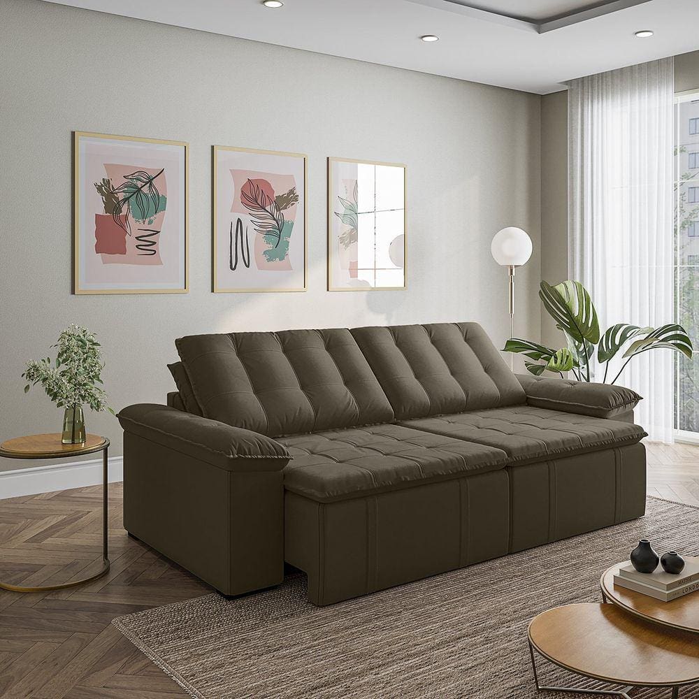 Sofá Cama Retrátil e Reclinável 4 Lugares 280cm em Veludo com Molas Palmeira Cabecasa Madeiramadeira Grafite
