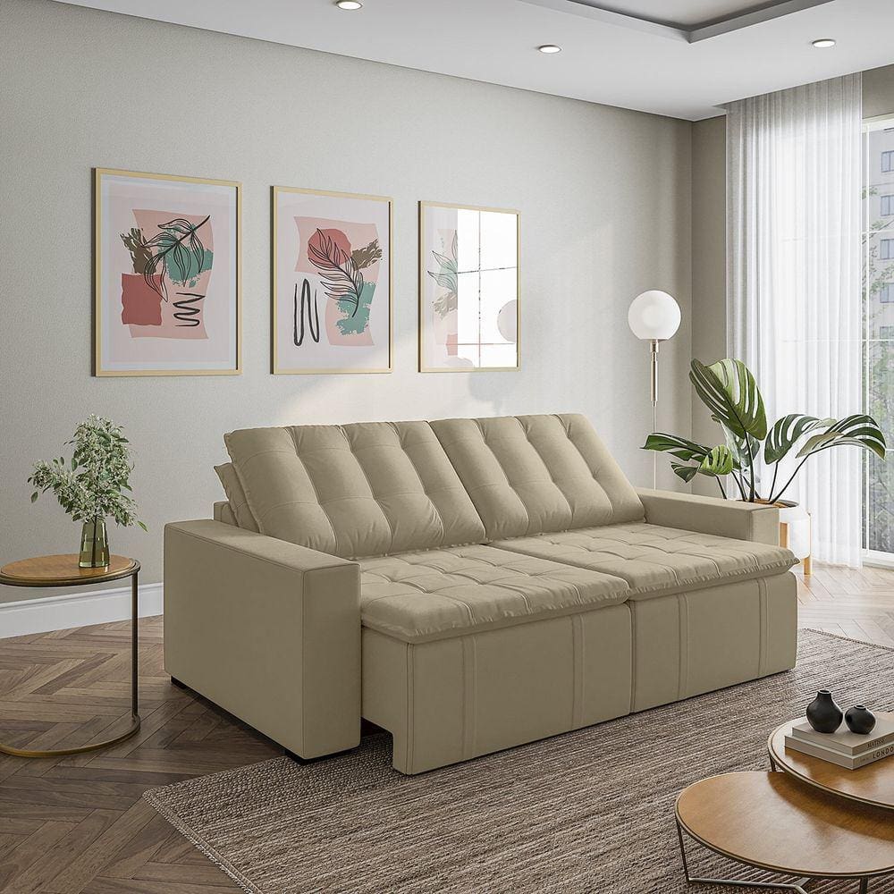 Sofá Cama Retrátil e Reclinável 3 Lugares 260cm em Veludo com Molas e Braço Reto Palmeira Cabecasa M Bege