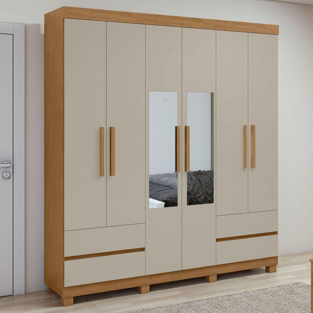 Guarda-Roupa 6 Portas 4 Gavetas Zeus com espelho e com Pés Amêndoa Clean/Off White