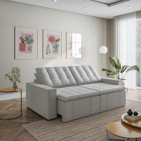 Sofá Cama Retrátil e Reclinável 3 Lugares 260cm em Linho com Molas e Braço Reto Palmeira Cabecasa Ma Prata