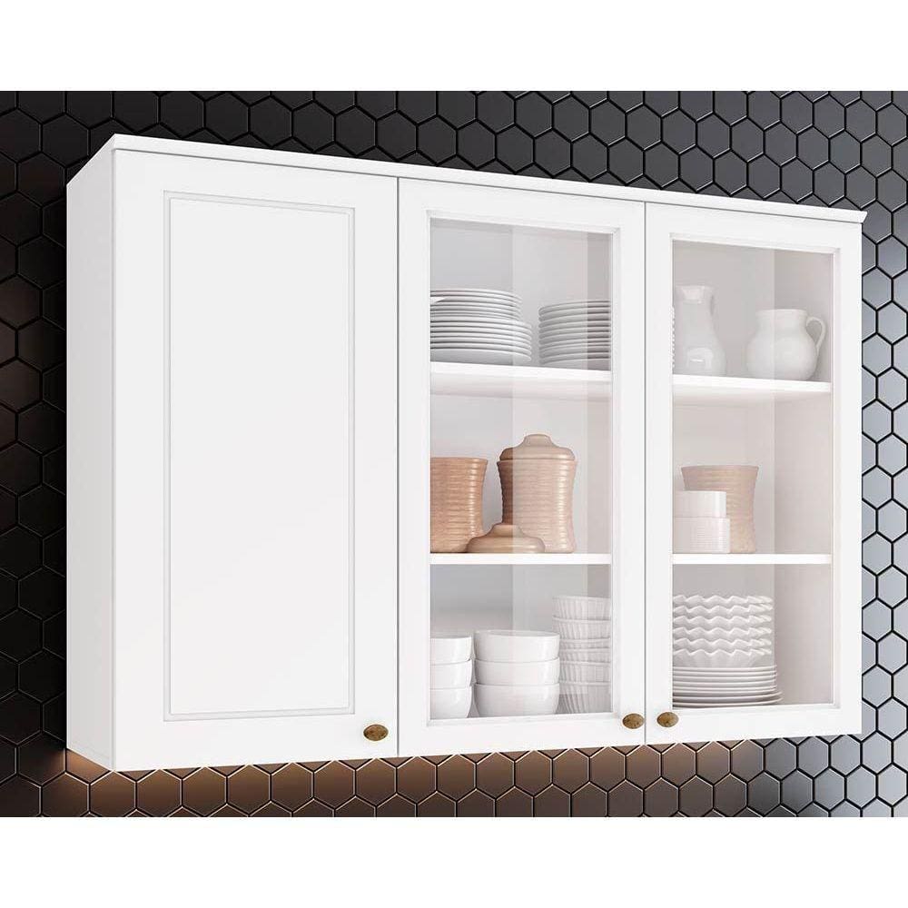 Armário Aéreo p/ Cozinha Americana c/3 Portas e c/2 Vidro 120cm Branco - Henn