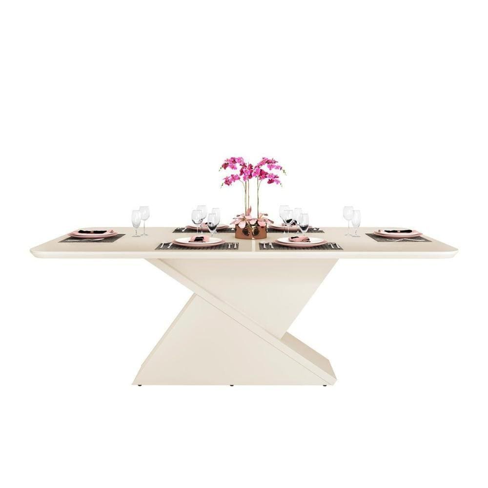 Mesa de Sala Jantar Zafira c/Tampo Madeirado Vidro Curvo 200x100cm Off White - DJ Móveis