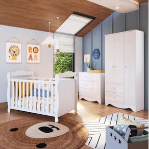 Quarto de Bebê Guarda Roupa 3 Portas Cômoda e Berço Americano Cocada Espresso Móveis Branco Brilho