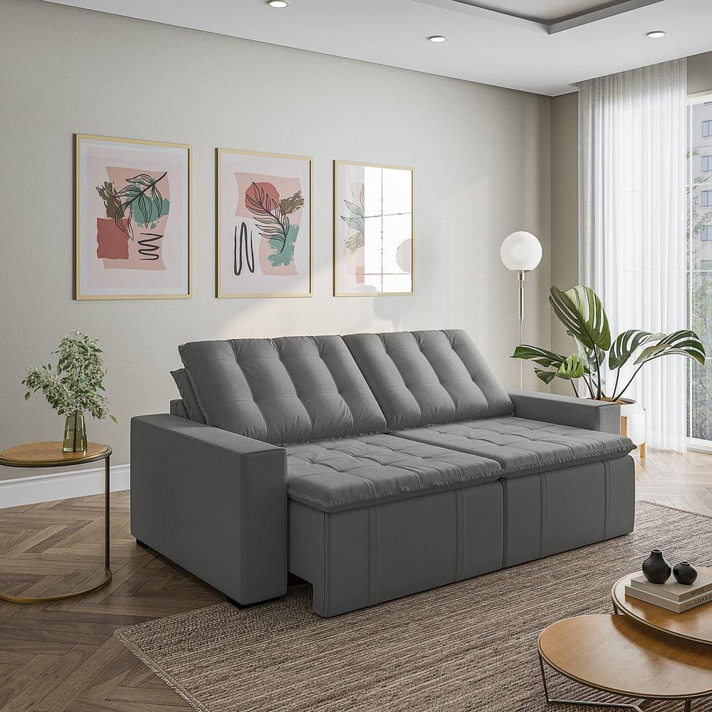 Sofá Cama Retrátil e Reclinável 3 Lugares 260cm em Veludo com Molas e Braço Reto Palmeira Cabecasa M Cinza